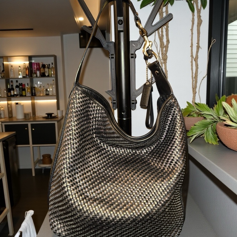Coach Avery Woven Leather Hobo Bag in Black